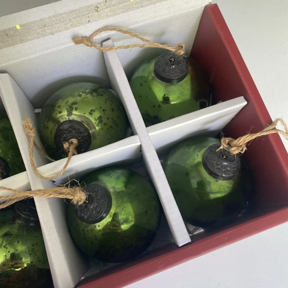 Pottery Barn Mercury Glass Ball Ornaments Set of 6 Green w/ Box